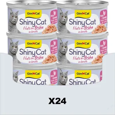 24x GimCat Kattenvoer Nat ShinyCat Filets in Bouillon Kip & Garnalen 70 gr