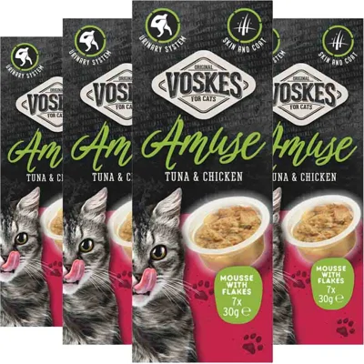 4x Voskes Kattensnack Mousse Tonijn&Kip 7x30 gr