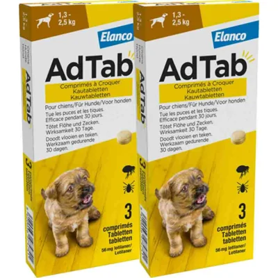 2x AdTab Anti Vlo en Teek Kauwtabletten Hond 1,3-2,5 kg 3 tabletten