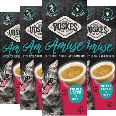 4x Voskes Kattensnack Triple Layer Rund-Sumiri-Pompoen 7x30 gr