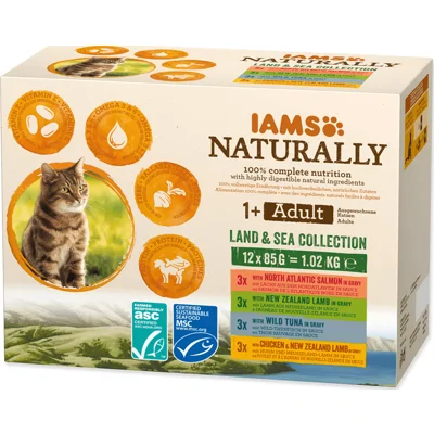Iams Naturally Adult Land & Sea Collection in gravy natvoer kat (12x85gr) 12 x 85 g