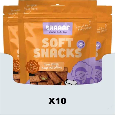 10x Braaaf Sticks Hondensnack Tonijn - Pompoen - Selderij 85 gr