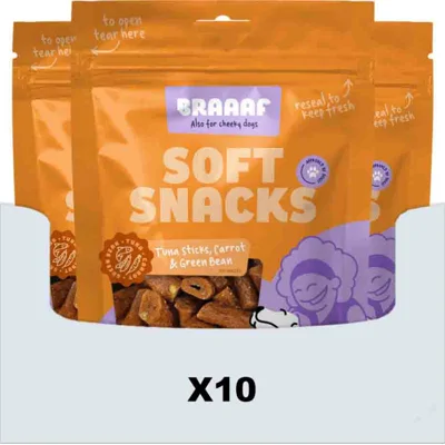 10x Braaaf Sticks Hondensnack Tonijn - Wortel - Sperzieboon 85 gr