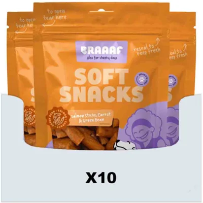 10x Braaaf Sticks Hondensnack Wortel - Sperzieboon - Zalm 85 gr