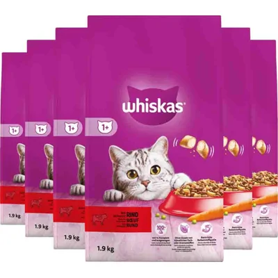6x Whiskas 1+ Adult Katten Droogvoer Rund 1,9 kg