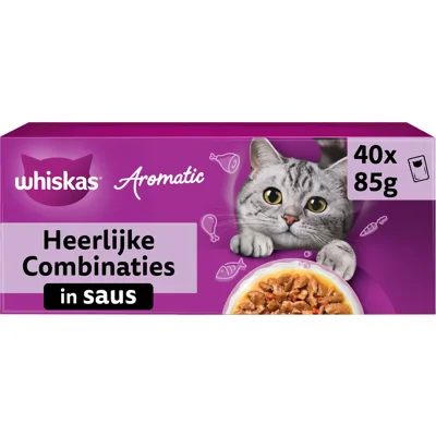 Whiskas 1+ Natvoer - Aromatic Heerlijke Combinaties in Saus - Multipack - 40 x 85 g