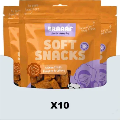 10x Braaaf Sticks Hondensnack Zalm - Pompoen - Selderij 85 gr