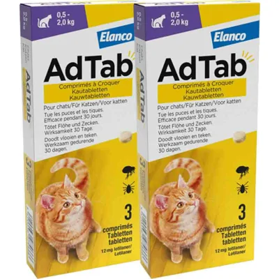 2x AdTab Anti Vlo en Teek Kauwtabletten Kat 0,5-2,0 kg 3 tabletten
