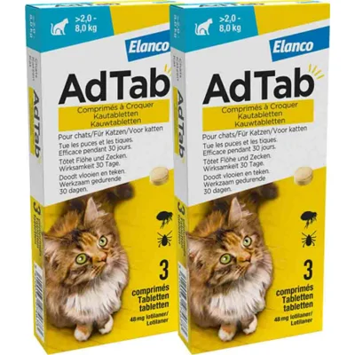 2x AdTab Anti Vlo en Teek Kauwtabletten Kat>2,0-8,0 kg 3 tabletten