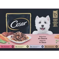 Cesar Adult Selection in saus multipack natvoer hond zakjes (100 g) 1 doos (12 x 100 g)