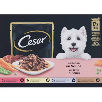 Cesar Adult Selection in saus multipack natvoer hond zakjes (100 g) 1 doos (12 x 100 g)