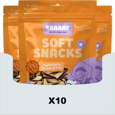 10x Braaaf Twisted Bites Hondensnack Kip - Vis 85 gr