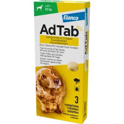 AdTab kauwtablet tegen vlooien en teken voor honden en pups van 1,3 tot 2,5 kg