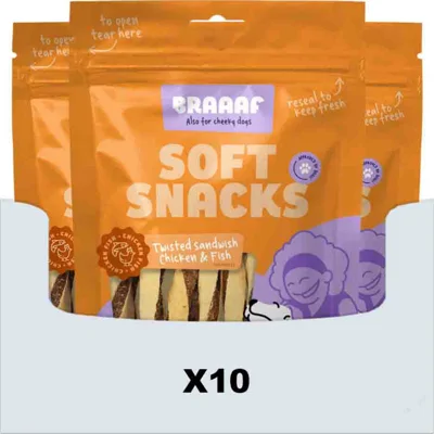 10x Braaaf Twisted Sandwich Hondensnack Kip - Vis 85 gr