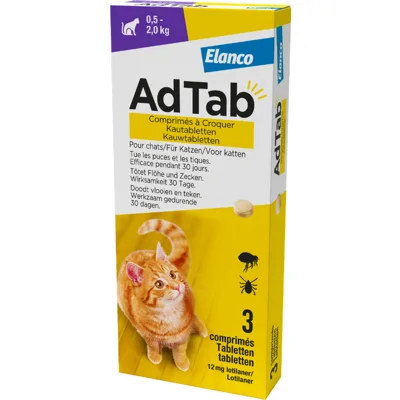 AdTab kauwtablet tegen vlooien en teken voor katten van 0,5 tot 2 kg