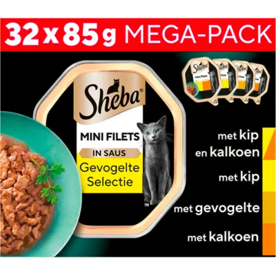 Sheba Mini Filets Gevogelte Selectie in saus megapack natvoer kat (kuipjes) 1 verpakking (32 x 85 g)