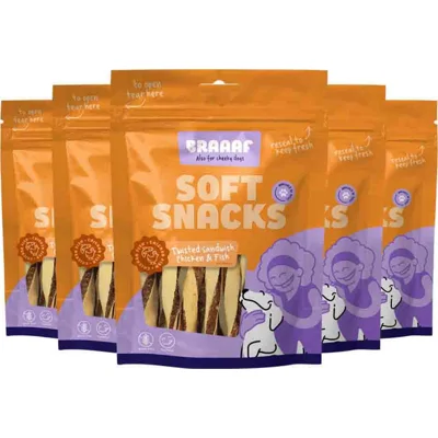 5x Braaaf Twisted Sandwich Hondensnack Kip - Vis 85 gr