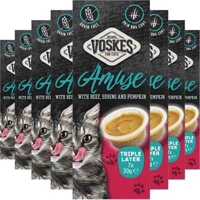 8x Voskes Kattensnack Triple Layer Rund-Sumiri-Pompoen 7x30 gr