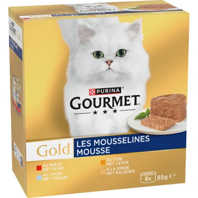 Gourmet Gold 8-Pack Mousse Tonijn, Lever, Kalkoen & Rund - 8x85 gram
