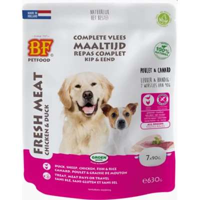 8x BF Petfood Vleesvoeding Eend - Kip 7 x 90 gr