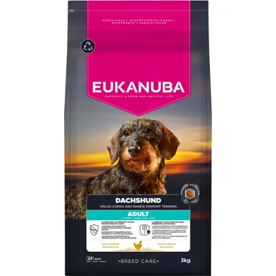 3x Eukanuba Breed Care Hond Droog Adult Teckels Kip 3 kg