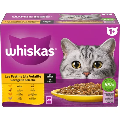 Whiskas Kattenvoer Nat Pouch 1+ Adult Saus Gevogelte Selectie 12 x 85 gr