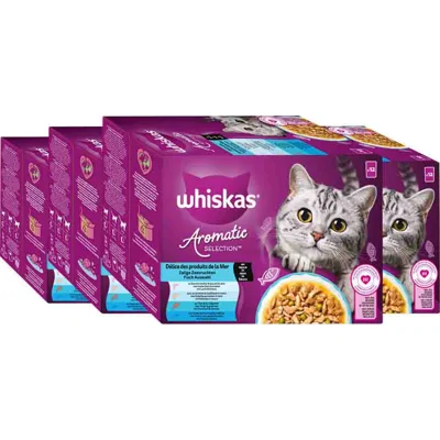 4x Whiskas Kattenvoer Nat Aromatic Adult 1+ Zeevruchten Selectie Multipack 12x85 gr