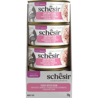 Schesir Complements tonijn met ham (in bouillon) natvoer kat (blikjes) 1 tray (12 x 70 g)
