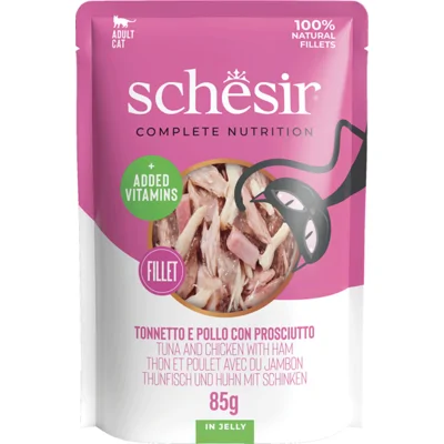 Schesir tonijn, kip met ham (jelly) natvoer kat (zakjes 85 g) 1 doos (20 x 85 g)