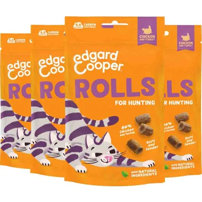 4x Edgard&Cooper Adult Rolls Kattensnack Kip&Kalkoen 45 gr