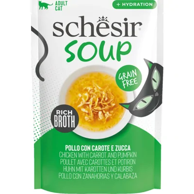 Schesir Cat Soup kip met wortel en pompoen natvoer kat (zakjes) 1 doos (12 x 40 g)