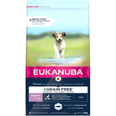 Eukanuba graanvrij zeevis puppy's van kleine & middelgrote rassen hondenvoer 3kg zak