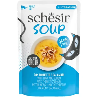 Schesir Cat Soup met tonijn en inktvis natvoer kat (zakjes) 1 doos (12 x 40 g)