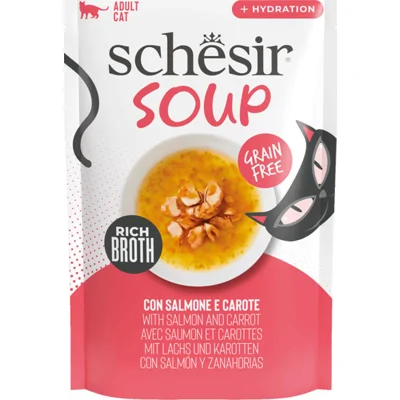 Schesir Cat Soup met zalm en wortel natvoer kat (zakjes) 1 doos (12 x 40 g)