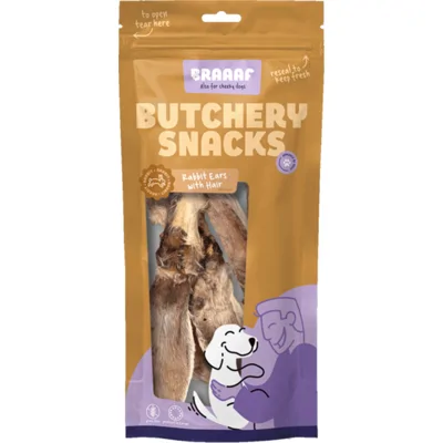 Braaaf Butchery Rabbit Ears with Hair Hondensnack 80 gr
