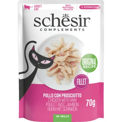 Schesir kip met ham (jelly) natvoer kat (zakjes) 1 doos (12 x 70 g)