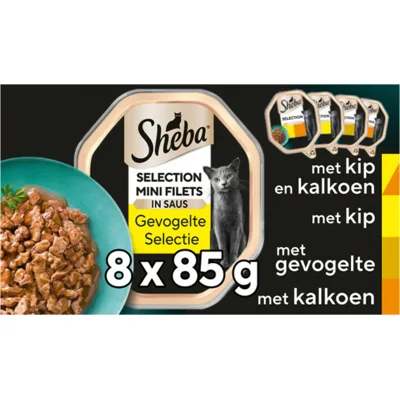 4x Sheba Mini Filets Adult Kattenvoer Natvoer Gevogelte in Saus Kuipjes 680 gr