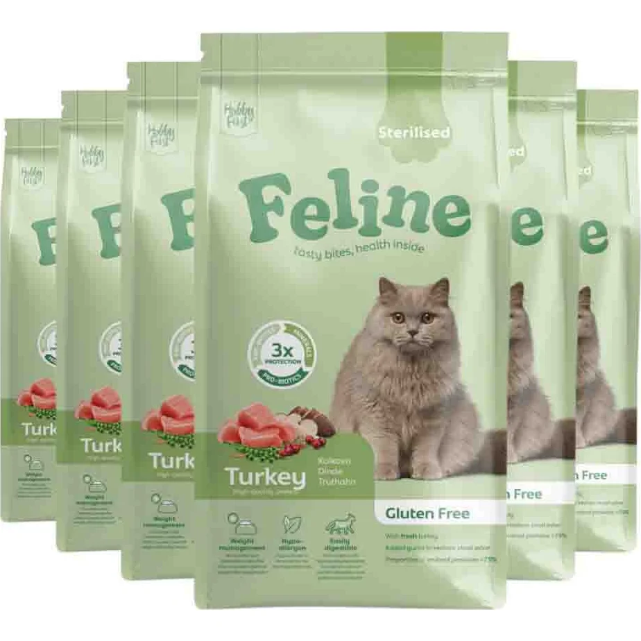 6x HobbyFirst Feline Kattenvoer Droog Sensitive Sterilised 1,5 kg
