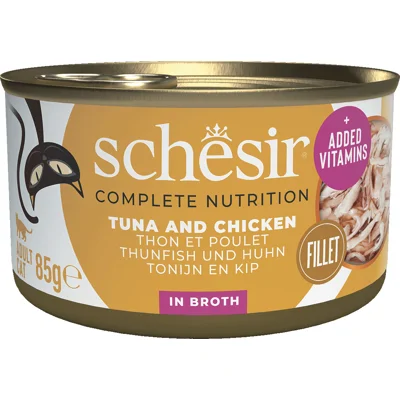 Schesir tonijn en kip (in bouillon) natvoer kat (blikjes) 1 tray (12 x 85 g)