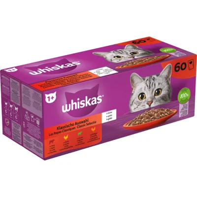 Whiskas 1+ Classic Selectie in gelei multipack natvoer kat maaltijdzakjes 1 verpakking (60 x 85 g)