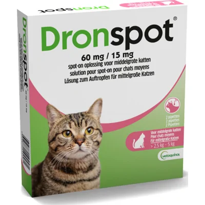 Dronspot 60 mg/15 mg Spot-on oplossing voor katten van 2,5 tot 5kg 2 pipetten