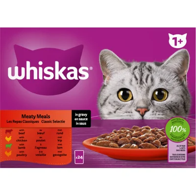 Whiskas 1+ Classic Selectie in saus natvoer kat multipack maaltijdzakjes 1 verpakking (24 x 85 g)