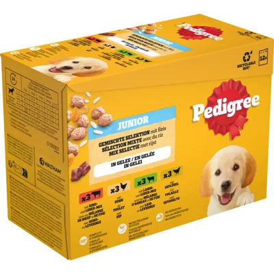 Pedigree Junior Hondenvoer in Gelei Mix Selectie Maaltijdzakjes Multipack 12x100 gr
