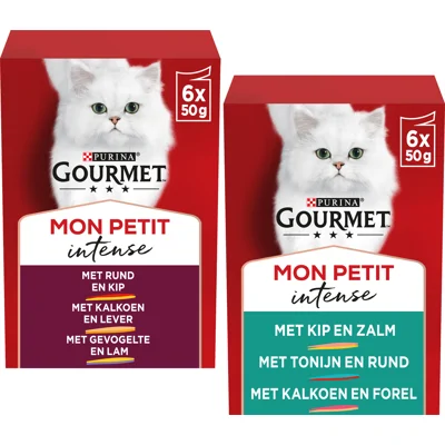 Gourmet Mon Petit DUO - Kip & Zalm, Tonijn & Rund, Kalkoen & Forel - 12 x 50 g