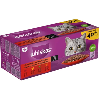 Whiskas 1+ Classic Selectie in saus natvoer kat multipack maaltijdzakjes 1 verpakking (40 x 85 g)