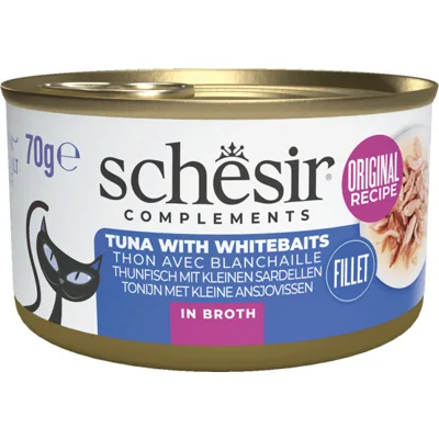 12x Schesir Kattenvoer Tonijn en Witvis in Boullion 70 gr