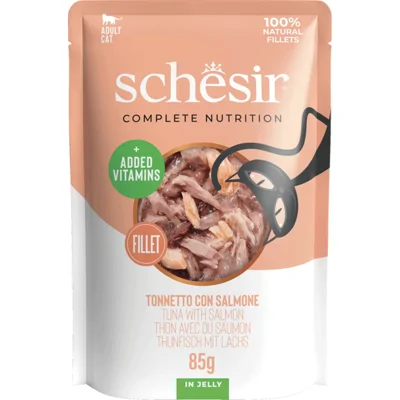 Schesir tonijn met zalm (jelly) natvoer kat (zakjes) 1 doos (12 x 85 g)