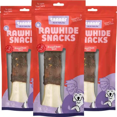 3x Braaaf Geperst Bot Hondensnack Eend 20 cm 175 gr