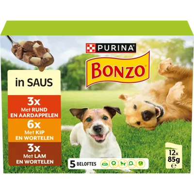 Purina Bonzo met rund, kip, lam in saus maaltijdzakjes natvoer hond 4 dozen (48 x 85 g)