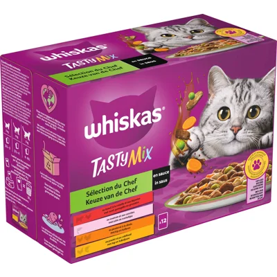 Whiskas 1+ Tasty Mix Keuze van de Chef in saus multipack natvoer kat maaltijdzakjes 1 verpakking (60 x 85 g)